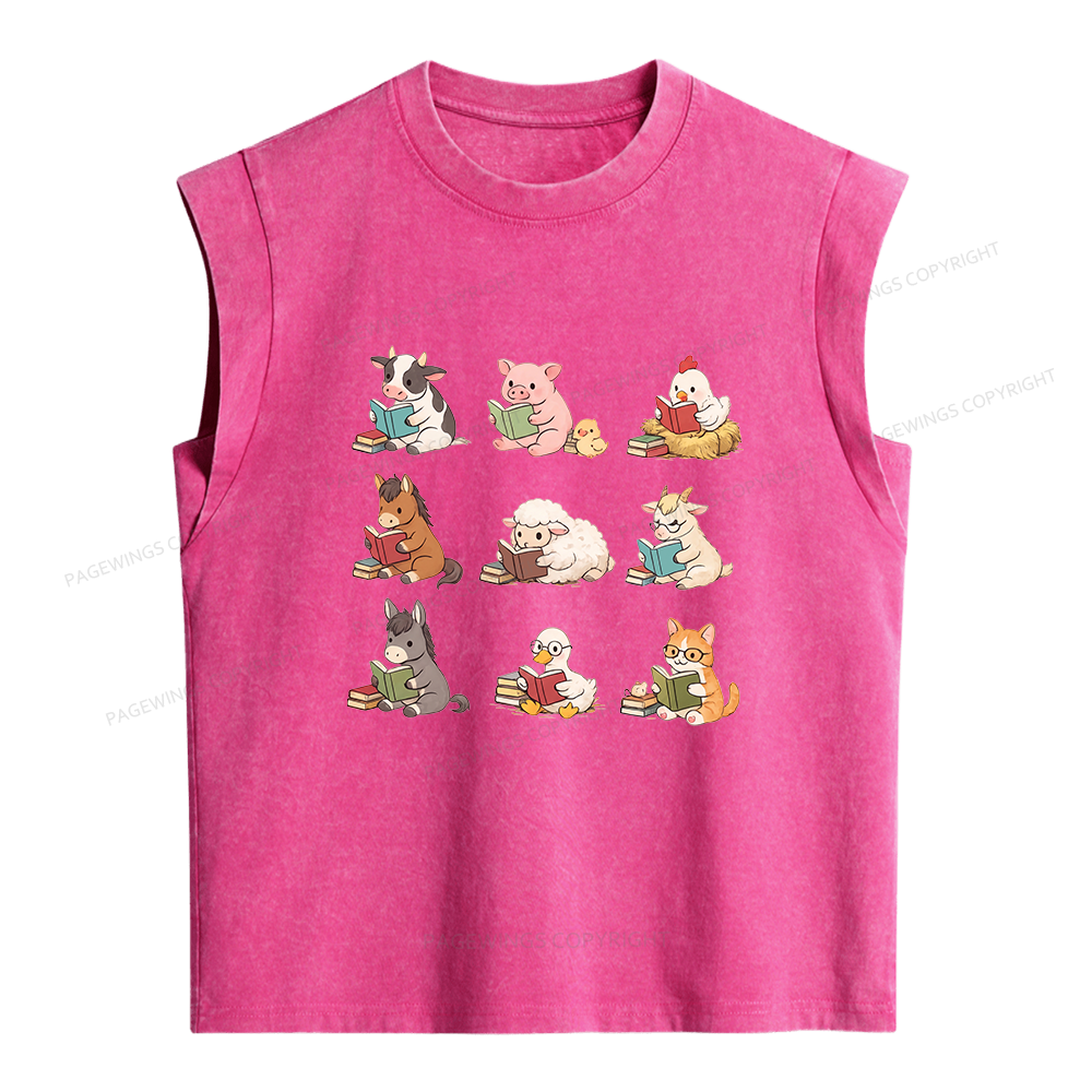 Pagewing Farm Animals Reading Women's Washed Tank Top