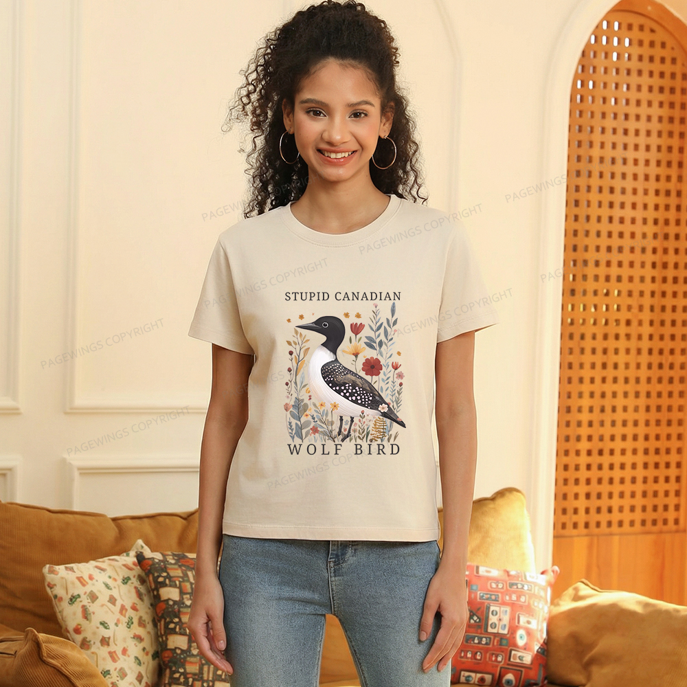 Pagewings Stupid Canadian Wolf Bird Women's Washed T-shirt