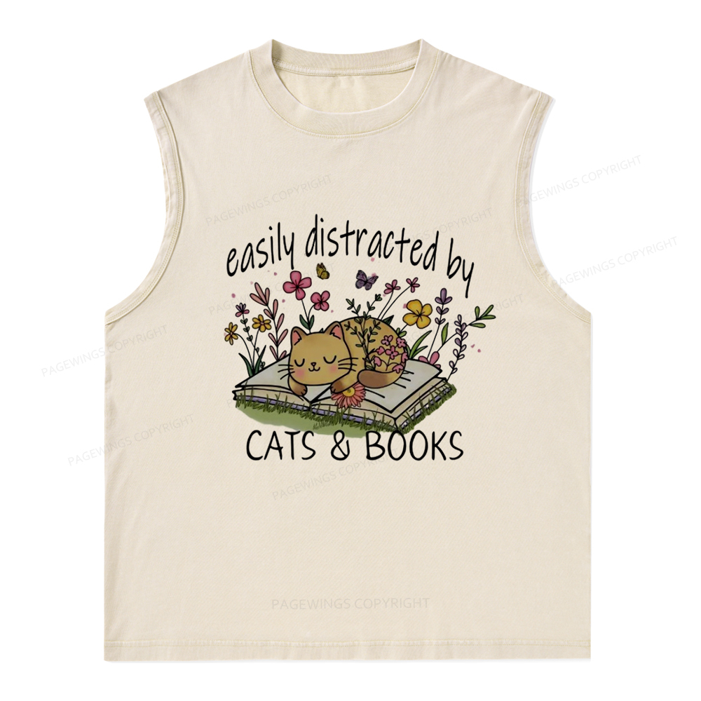 Pagewings Easily Distracted By Cats And Books Unisex Washed Tank Top