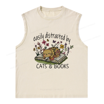 Pagewings Easily Distracted By Cats And Books Unisex Washed Tank Top