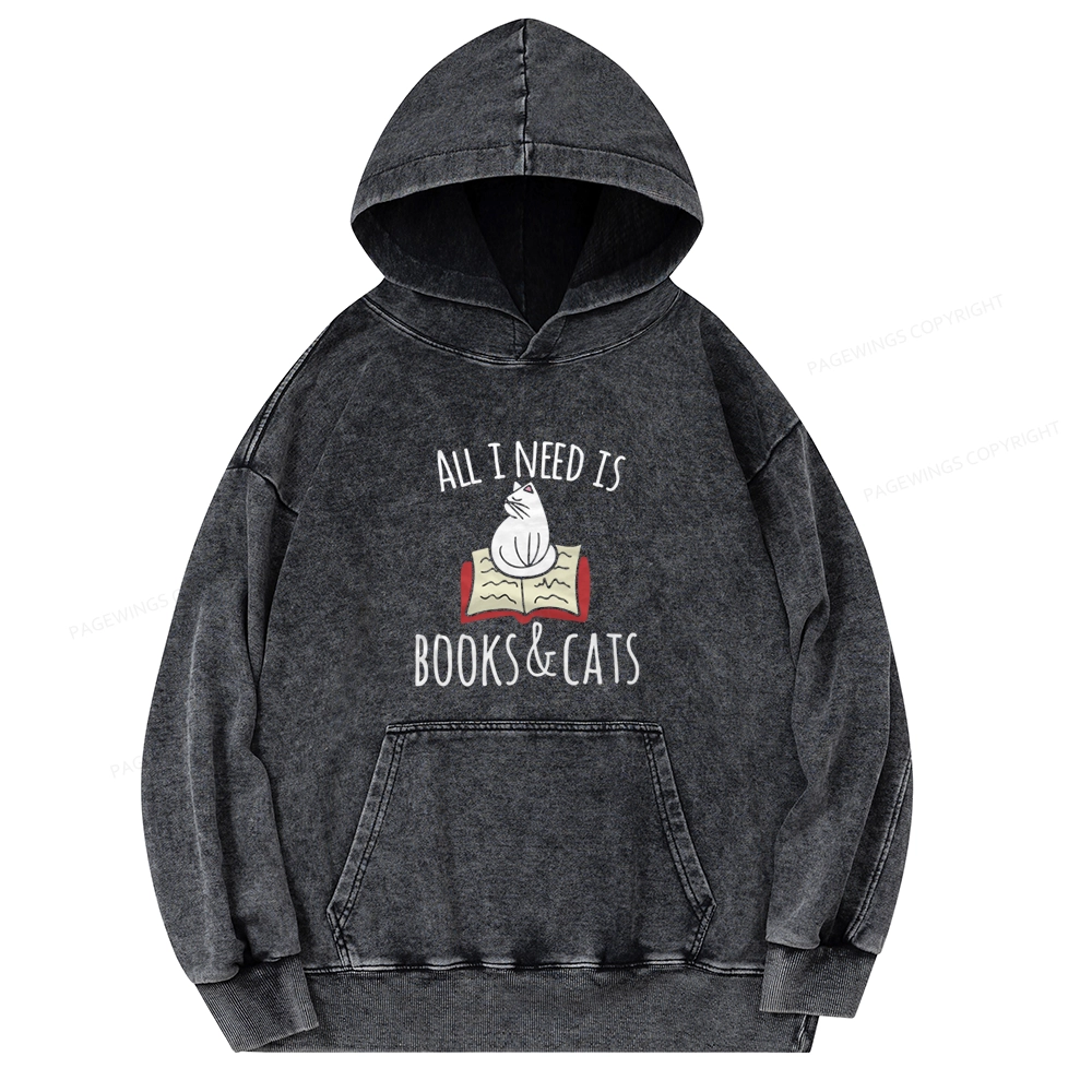 Pagewings All I Need Is Book & Cat Unisex Washed Hoodie