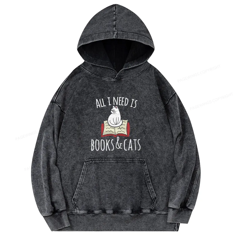 Pagewings All I Need Is Book & Cat Unisex Washed Hoodie