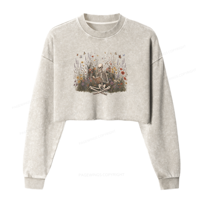 Pagewings Skeleton Reading Book Washed Crop Sweatshirt