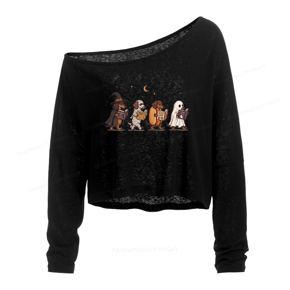 Pagewings Cute Spooky Season Wiener Dog Reading Slouchy Long Sleeve Off Shoulder T-shirt