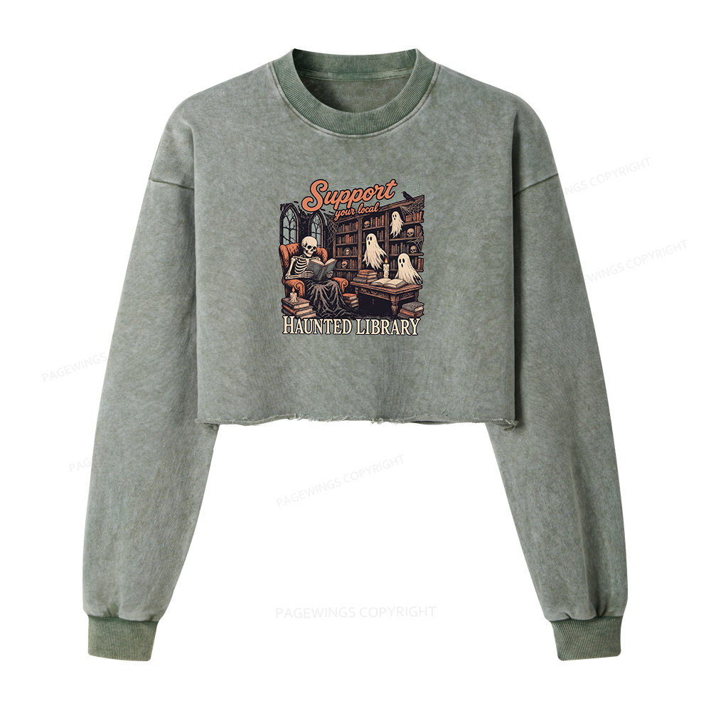 Pagewings Support Your Local Haunted Library Washed Crop Sweatshirt