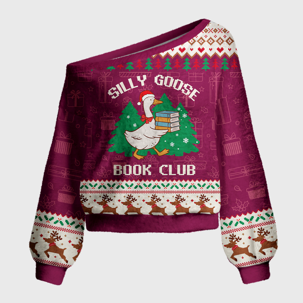 Pagewings Silly Goose Book Lover Christmas Off Shoulder Ugly Knit Sweater