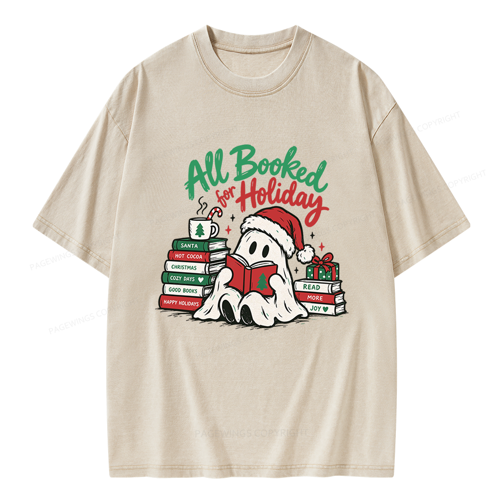 Pagewings Christmas Ghost Reading Books Unisex Washed T-shirt