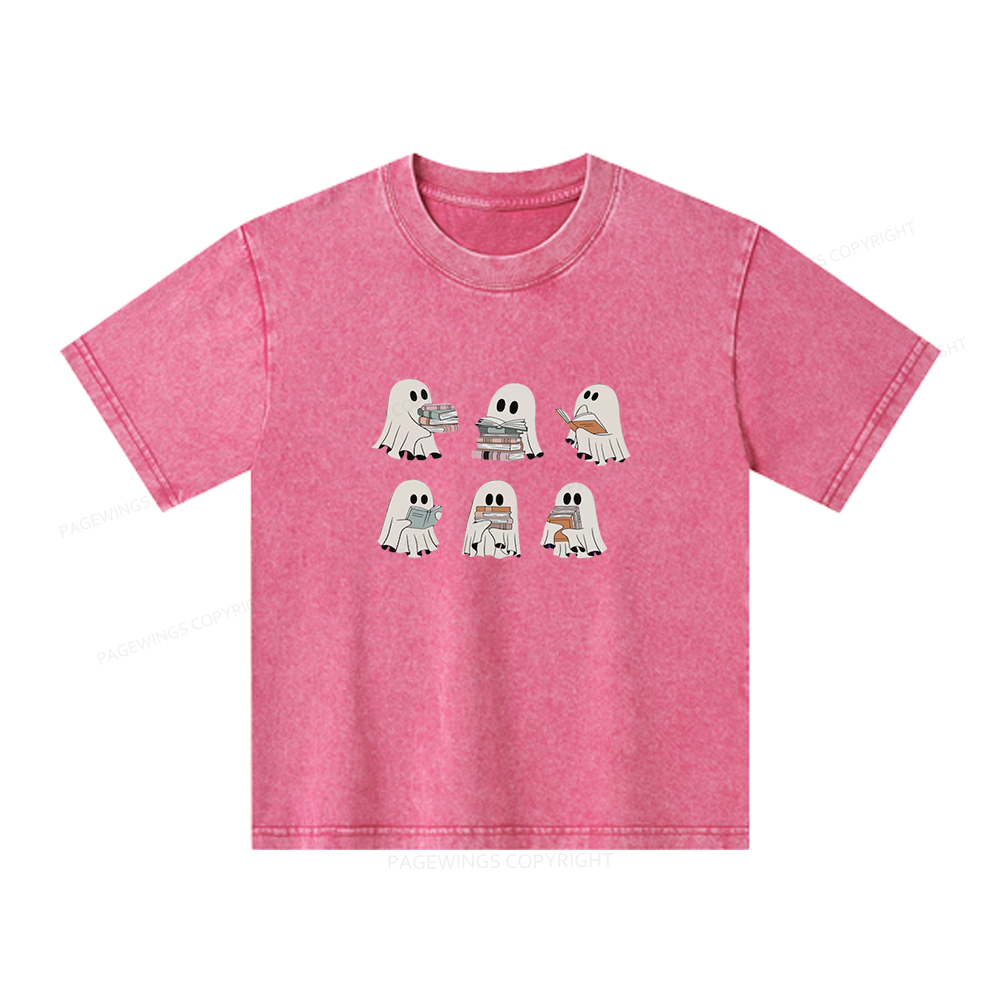 Pagewings Ghost Reading Halloween Unisex Kids Washed T-shirt