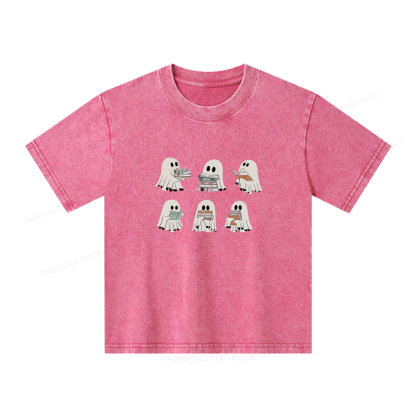 Pagewings Ghost Reading Halloween Unisex Kids Washed T-shirt