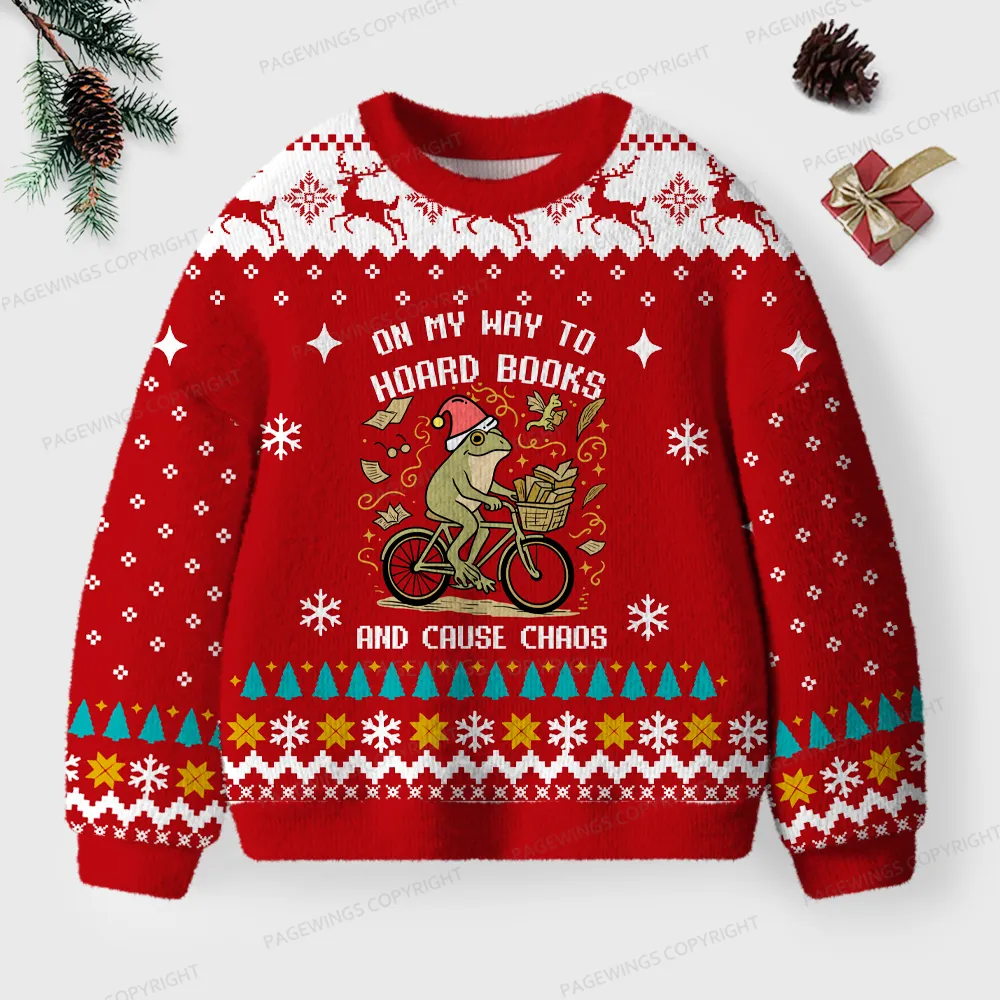 Pagewings On My Way To Hoard Books And Cause Chaos Unisex Ugly Knit Sweatshirt