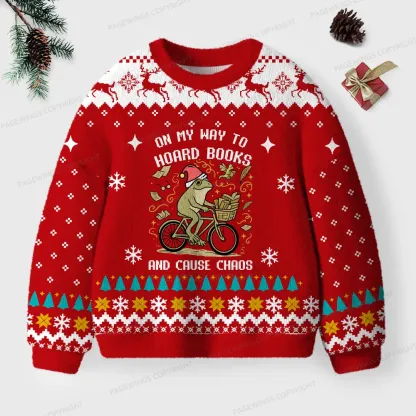 Pagewings On My Way To Hoard Books And Cause Chaos Unisex Ugly Knit Sweatshirt