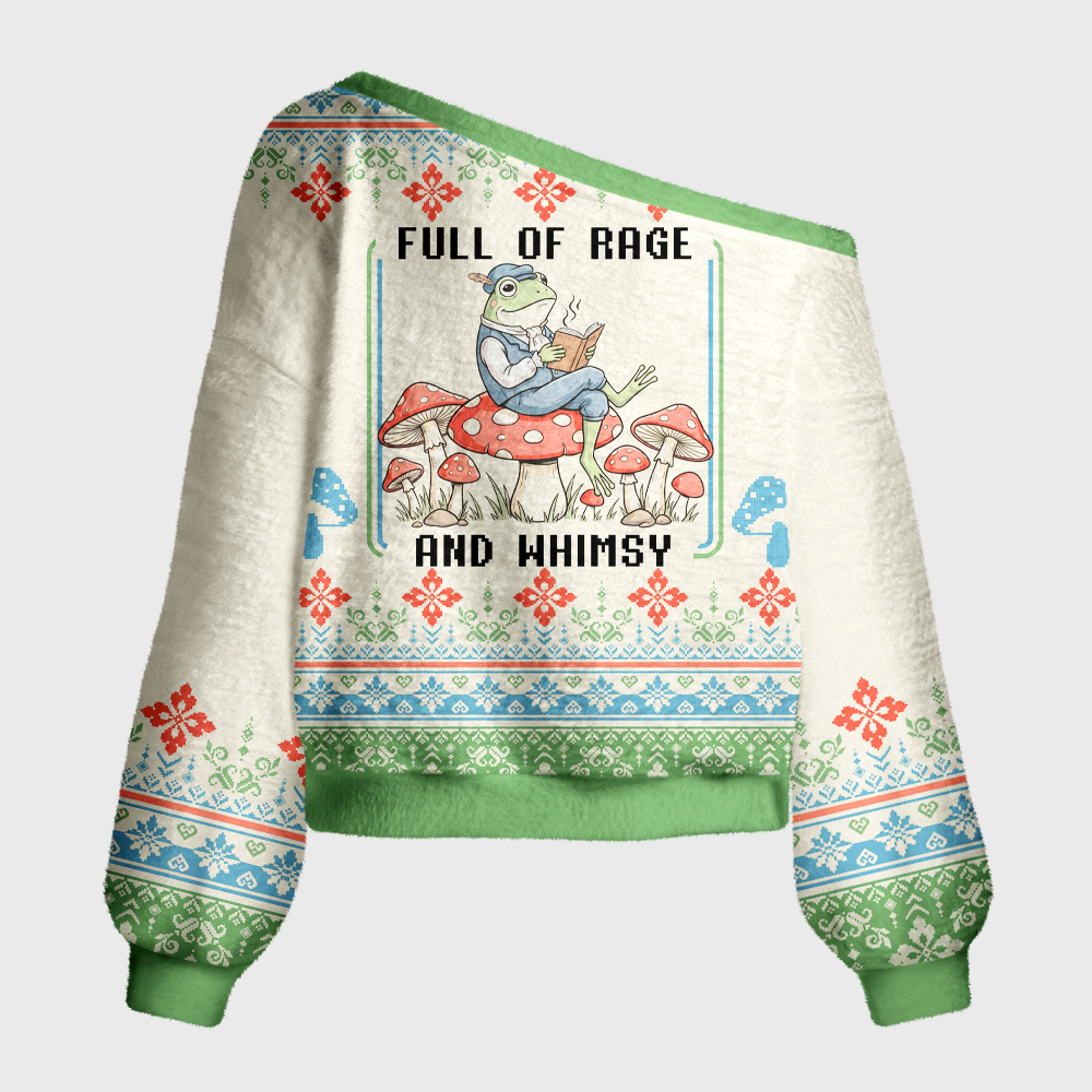 Pagewings Full Of Rage and Whimsy Off Shoulder Ugly Knit Sweater