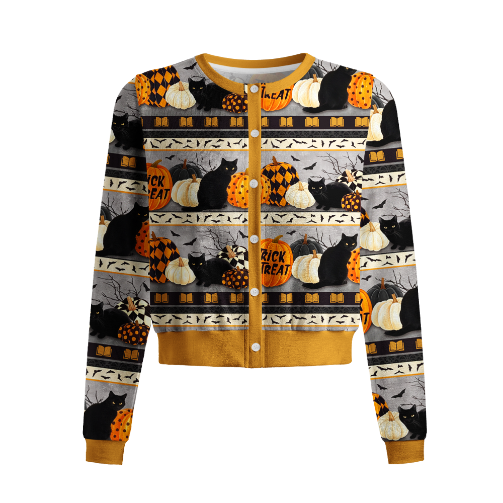Pagewings Pumpkin cat Crew Neck Cardigan Sweaters
