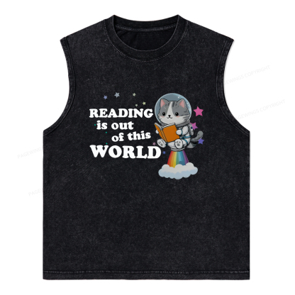 Pagewings Cat Reading in Space Unisex Washed Tank Top