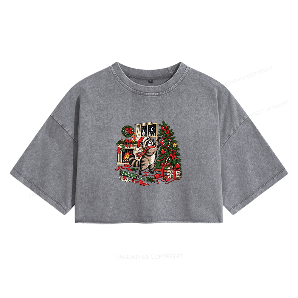Pagewings Feral Raccoon Christmas Women's Washed Cropped T-shirt