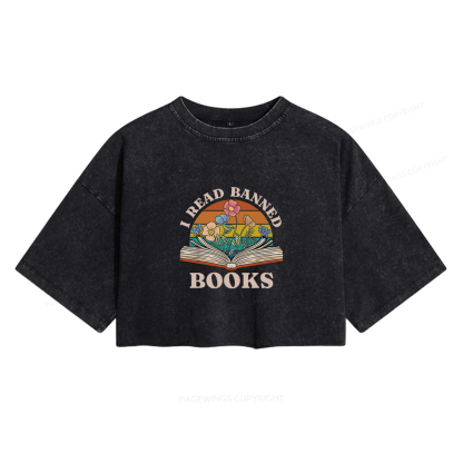 Pagewings I Read Banned Books Women's Washed Cropped T-shirt