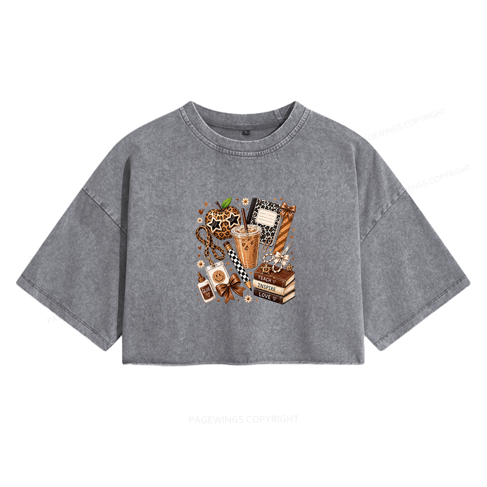 Pagewing Leopard Teacher Book Women's Washed Cropped T-shirt