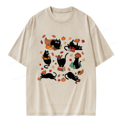 Pagewings Thanksgiving Cat Unisex Washed T-shirt