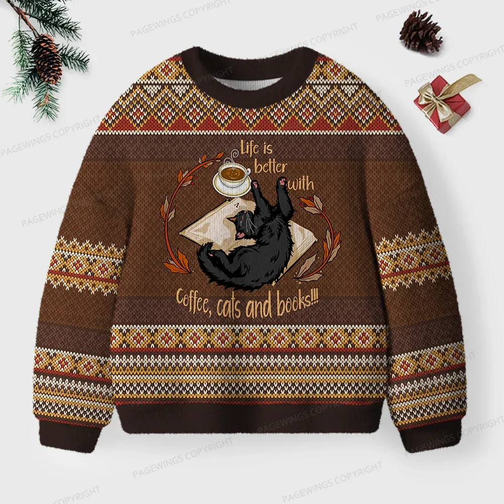 Pagewings Life Is Better With Coffee Cats And Books Unisex Ugly Knit Sweatshirt