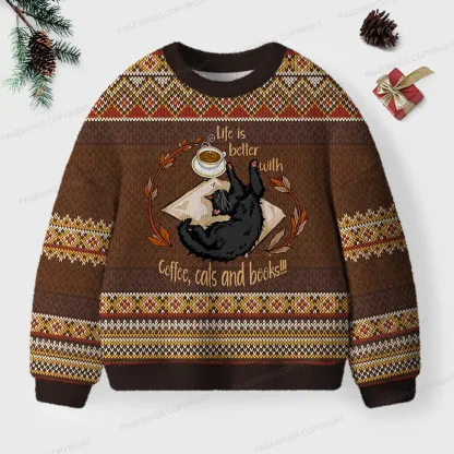 Pagewings Life Is Better With Coffee Cats And Books Unisex Ugly Knit Sweatshirt