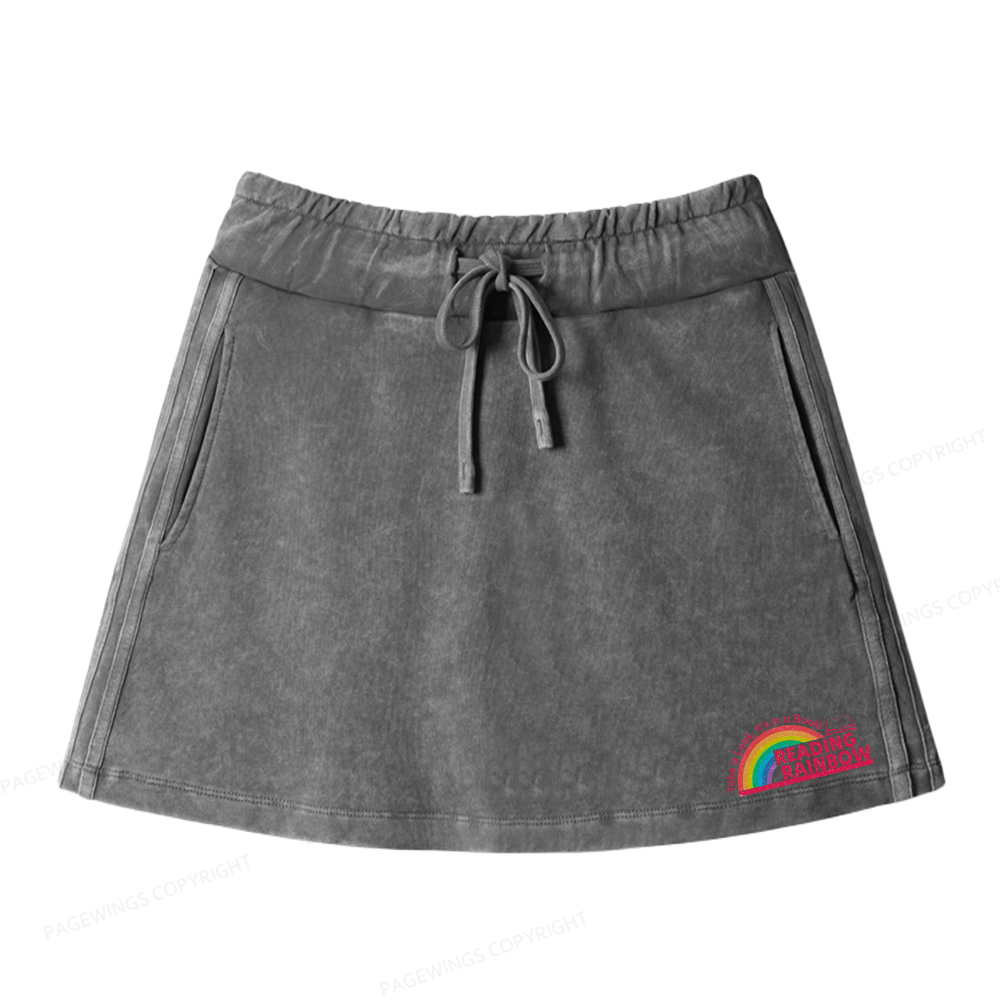 Pagewings Reading With Rainbow Women Drawstring Washed Mini Skirts