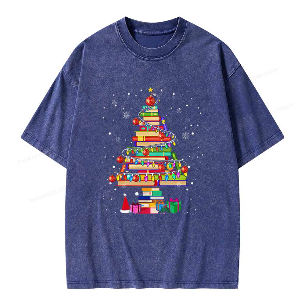 Pagewings Merry Christmas Library Tree Unisex Washed T-shirt
