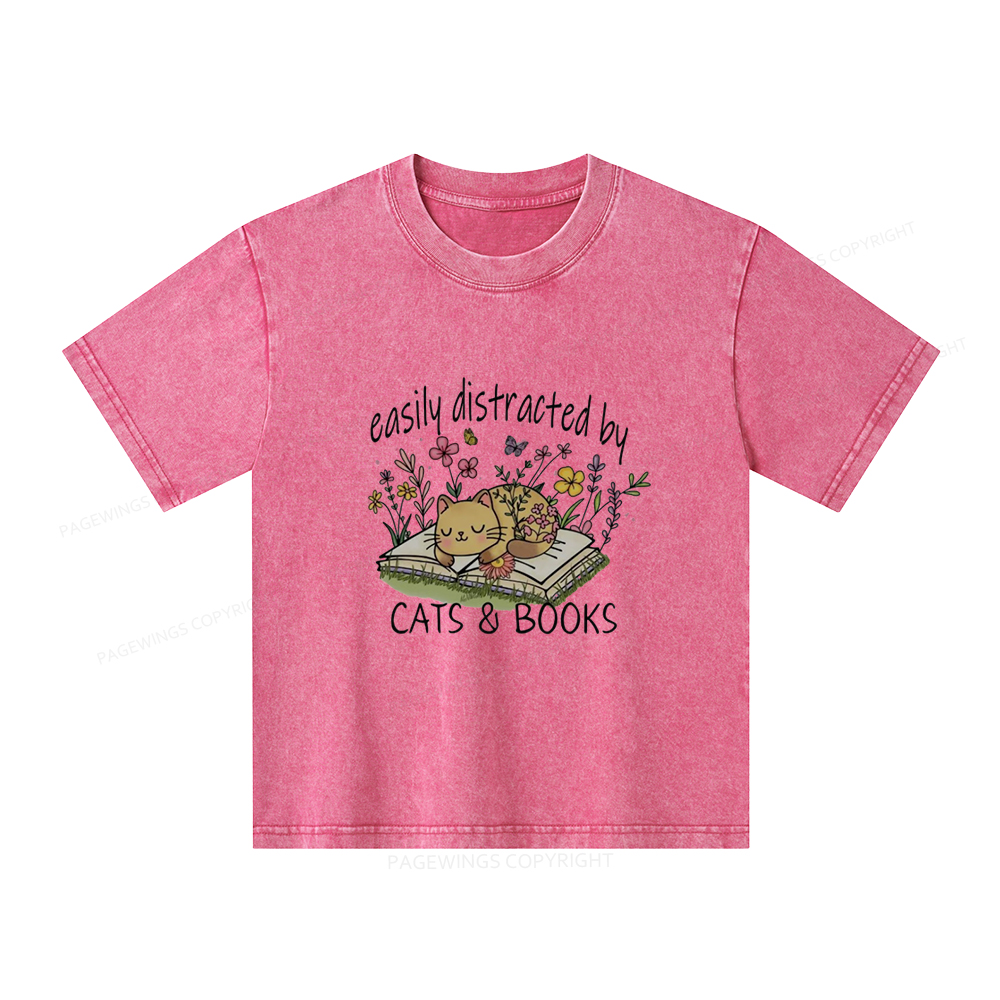 Pagewings Easily Distracted By Cats And Books Unisex Kids Washed T-shirt