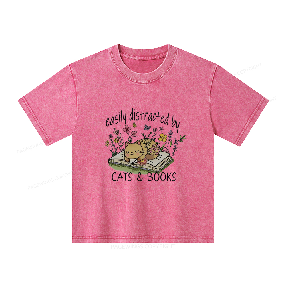 Pagewings Easily Distracted By Cats And Books Unisex Kids Washed T-shi