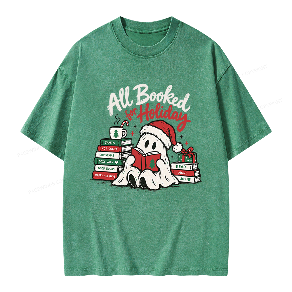 Pagewings Christmas Ghost Reading Books Unisex Washed T-shirt