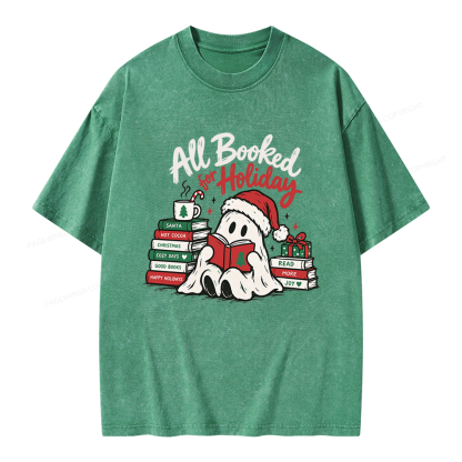 Pagewings Christmas Ghost Reading Books Unisex Washed T-shirt