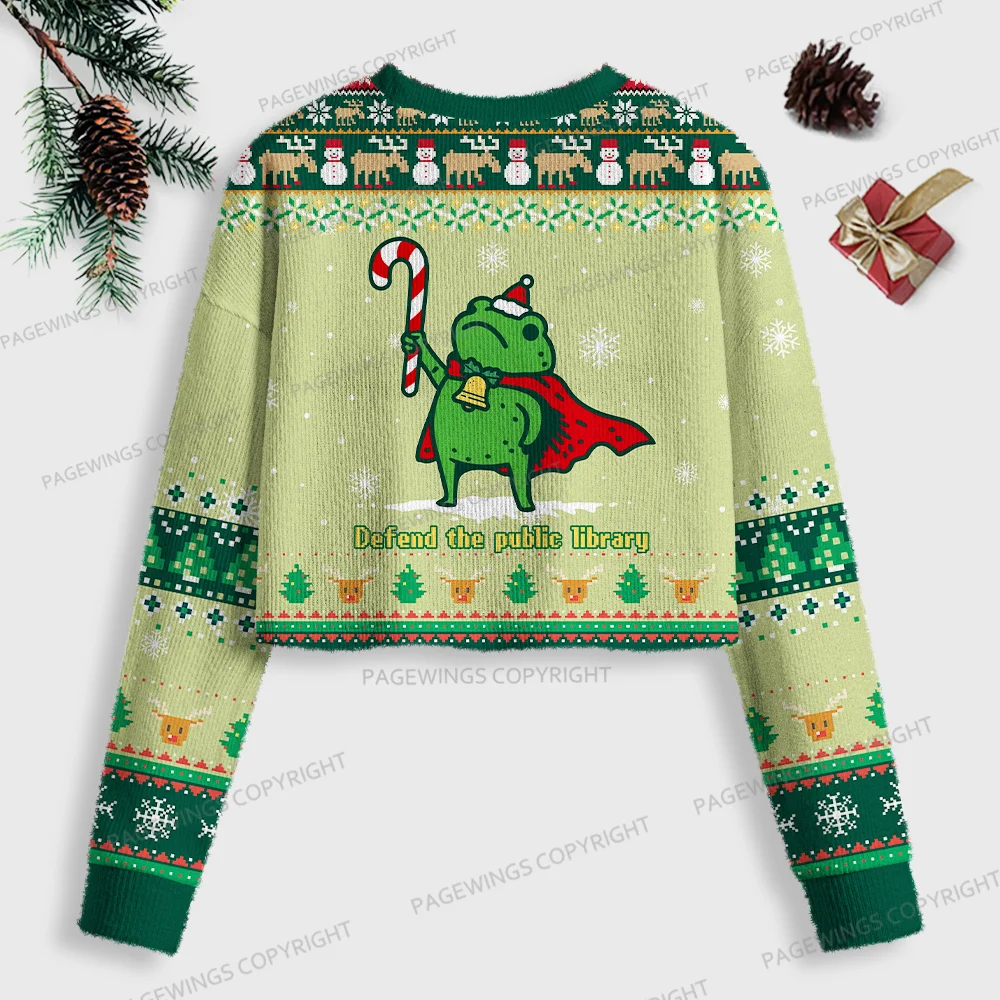 Pagewings Defend The Public Library Women Ugly Crop Sweatshirt