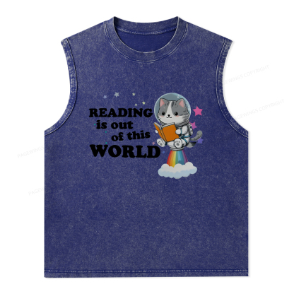 Pagewings Cat Reading in Space Unisex Washed Tank Top