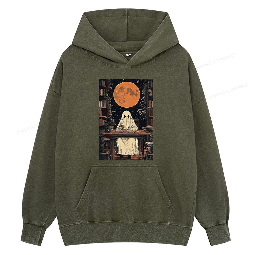 Pagewings Halloween Ghost Books Coffee Unisex Washed Hoodie