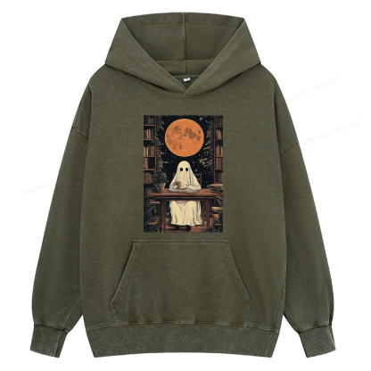 Pagewings Halloween Ghost Books Coffee Unisex Washed Hoodie