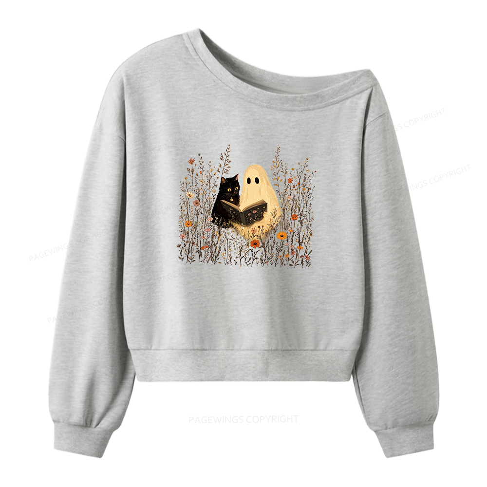 Pagewings Ghost Black Cat Reading Women Off Shoulder Sweatshirt