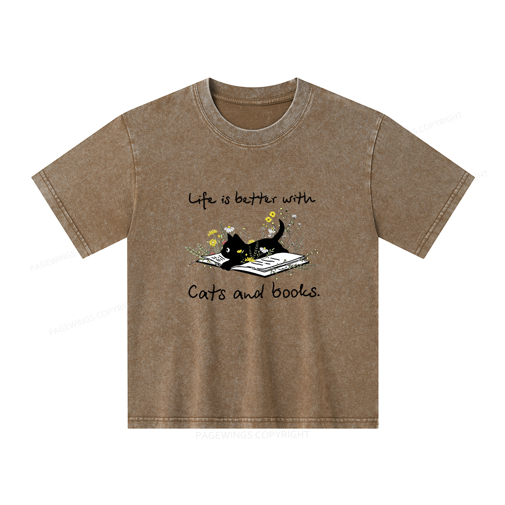 Pagewings Life Is Better With Cats And Books Unisex Kids Washed T-shirt