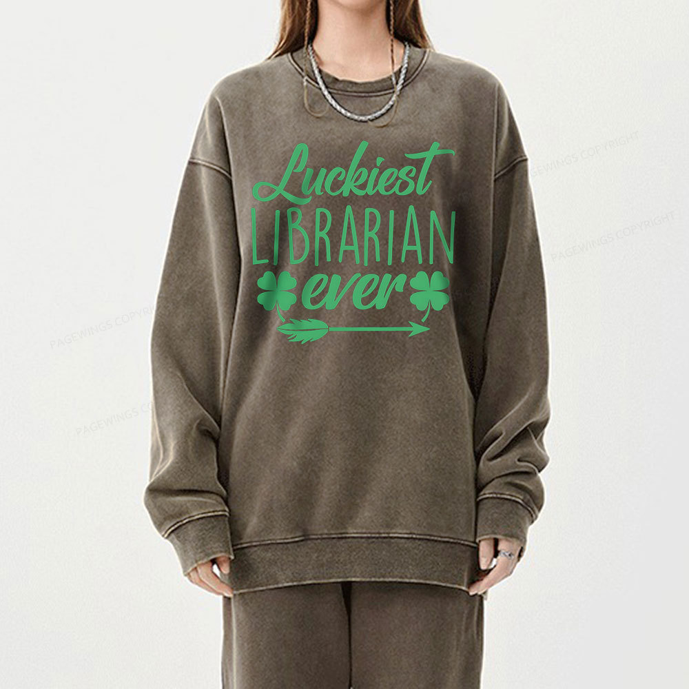Pagewings Luckiest Librarian Unisex Washed Sweatshirt