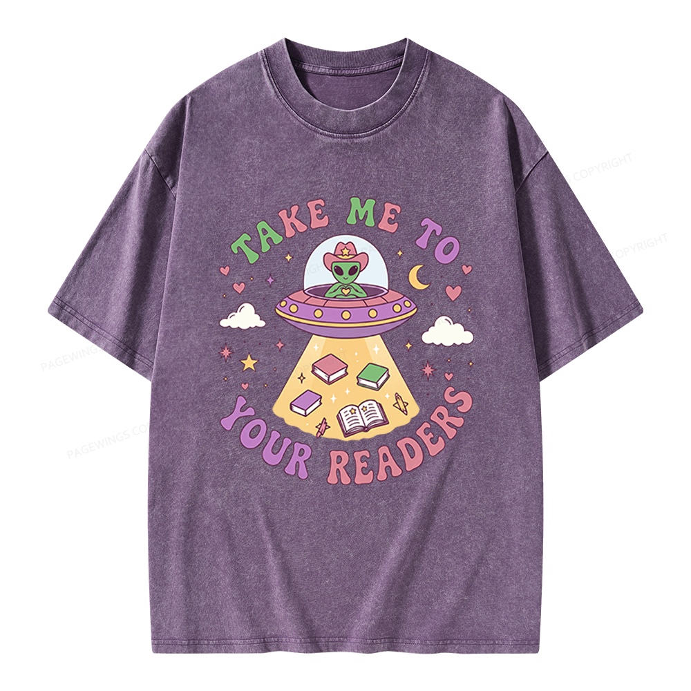Pagewings Cute Alien Reading Unisex Washed T-shirt