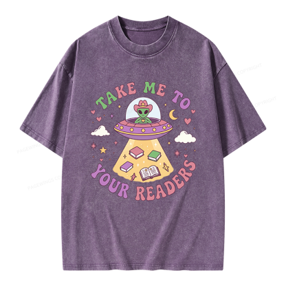 Pagewings Cute Alien Reading Unisex Washed T-shirt