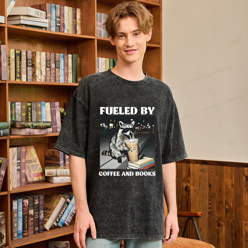 Pagewings Raccoon Reading And Drinking Iced Coffee Unisex Washed T-shirt