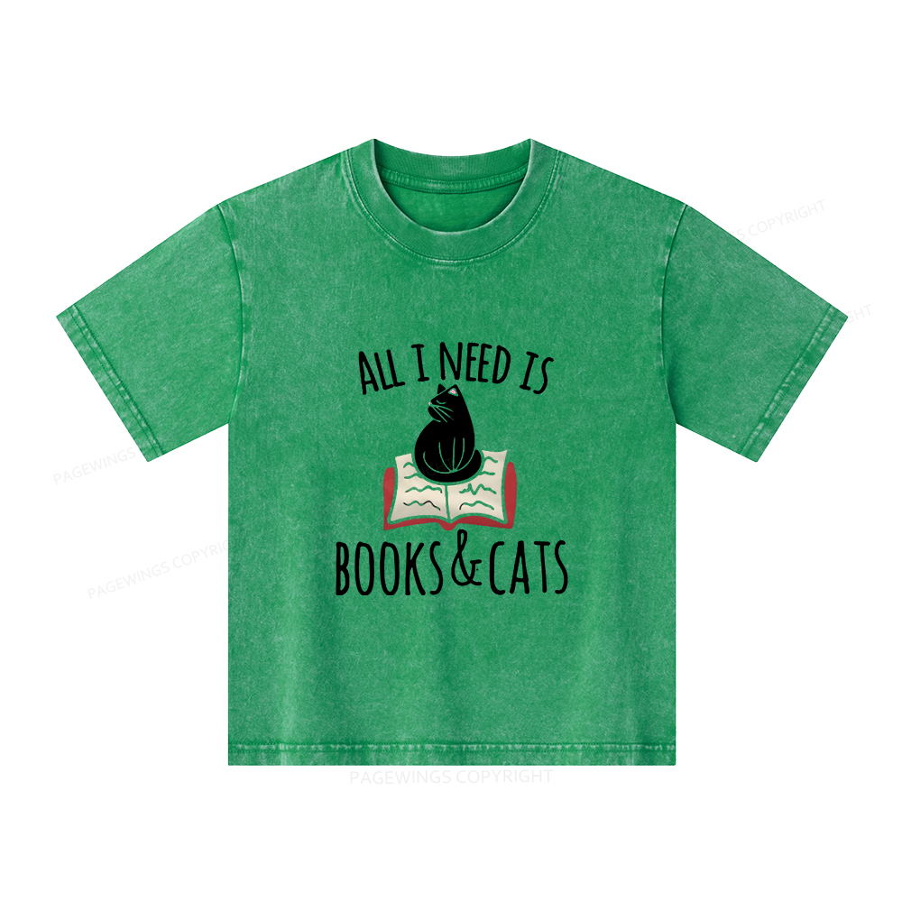 Pagewings All I Need Is Book & Cat Unisex Kids Washed T-shirt