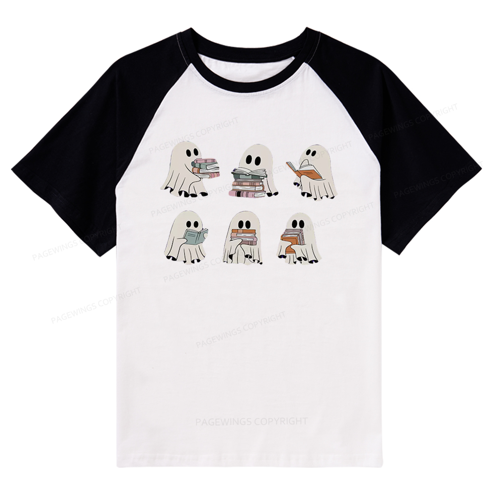 Pagewings Ghost Reading Halloween Raglan T-shirt