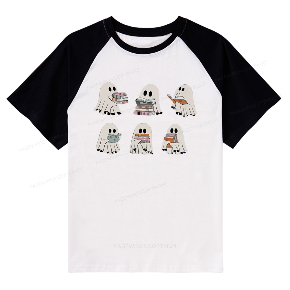 Pagewings Ghost Reading Halloween Raglan T-shirt