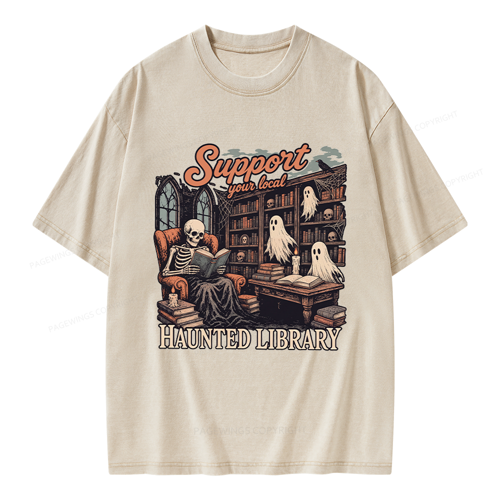 Pagewings Support Your Local Haunted Library Unisex Washed T-shirt