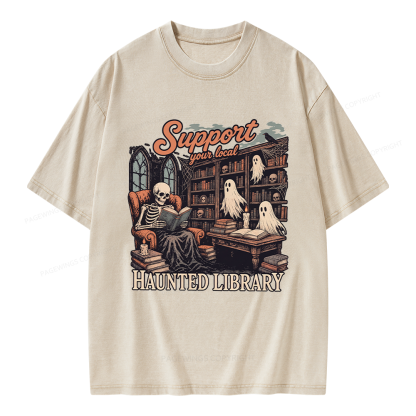 Pagewings Support Your Local Haunted Library Unisex Washed T-shirt
