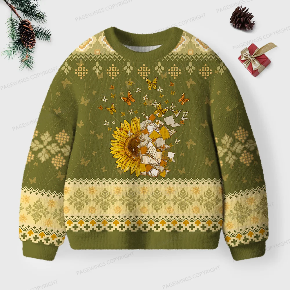 Pagewings Sunflower And Butterflies Unisex Ugly Knit Sweatshirt