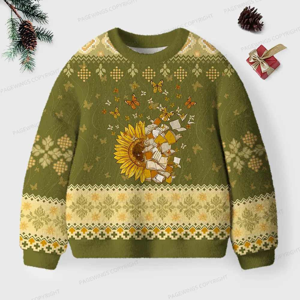 Pagewings Sunflower And Butterflies Unisex Ugly Knit Sweatshirt
