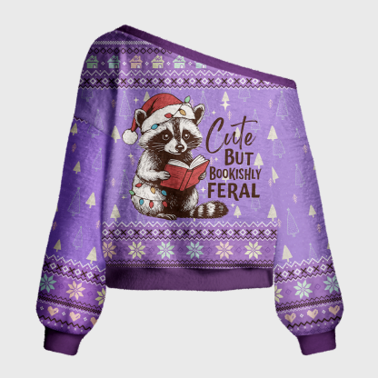 Pagewings Cute Feral Book Raccoon Off Shoulder Ugly Knit Sweater