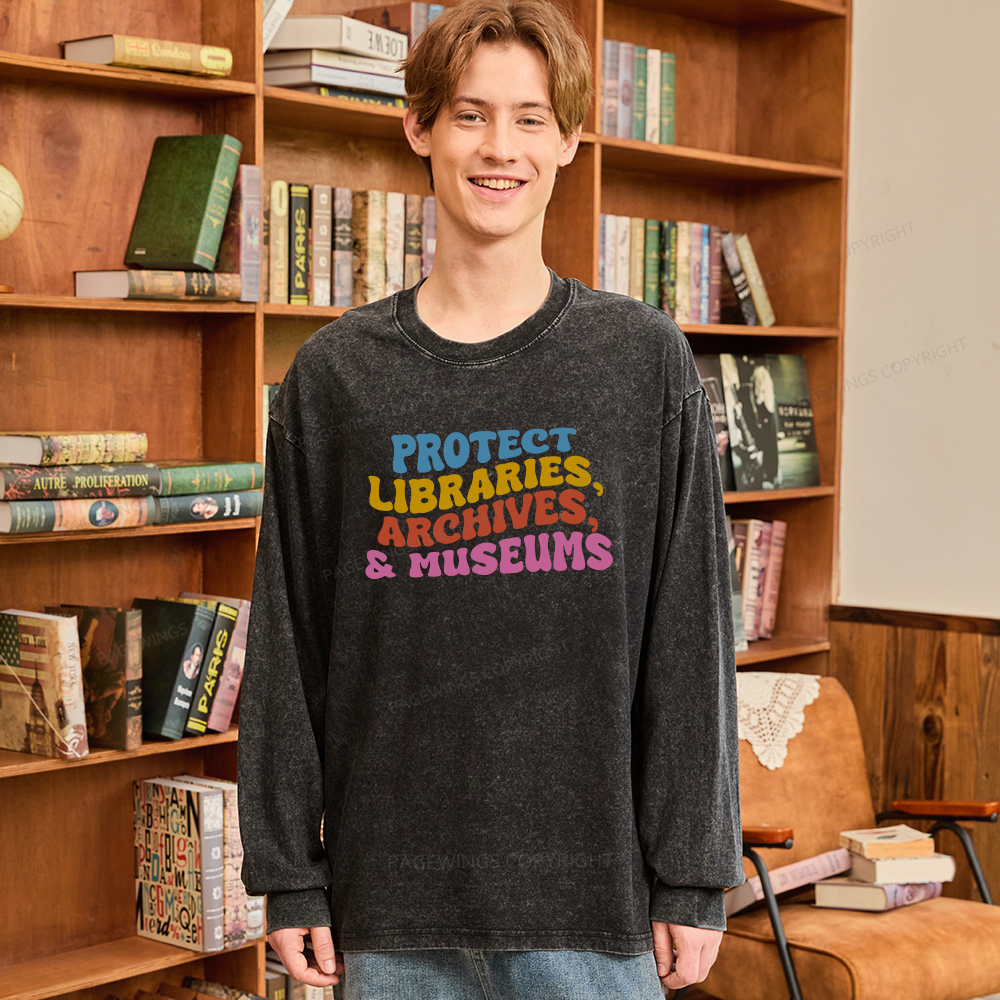Pagewings Protect Libraries Archives And Museums Unisex Washed Long Sleeve T-shirt