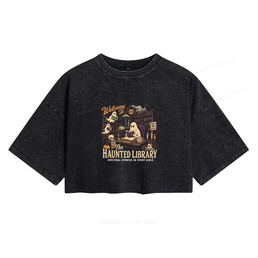 Pagewings Haunted Library Women's Washed Cropped T-shirt